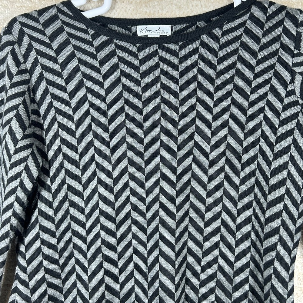 Kim Rogers Women 90s Minimal Chevron Herringbone Knit Sweater Black Grey PL